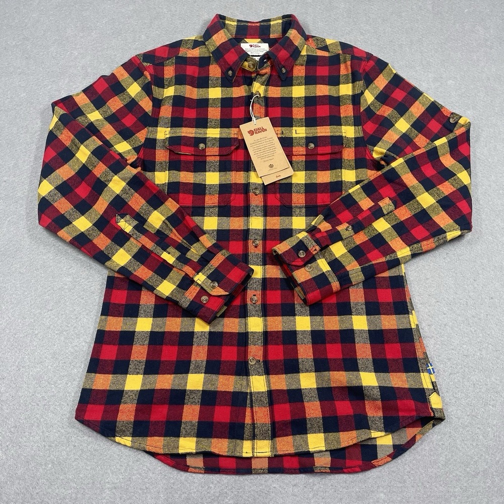 Fjallraven Shirt Men Medium Red Yellow Flannel Plaid Buffalo Ovik Skog Cabincore